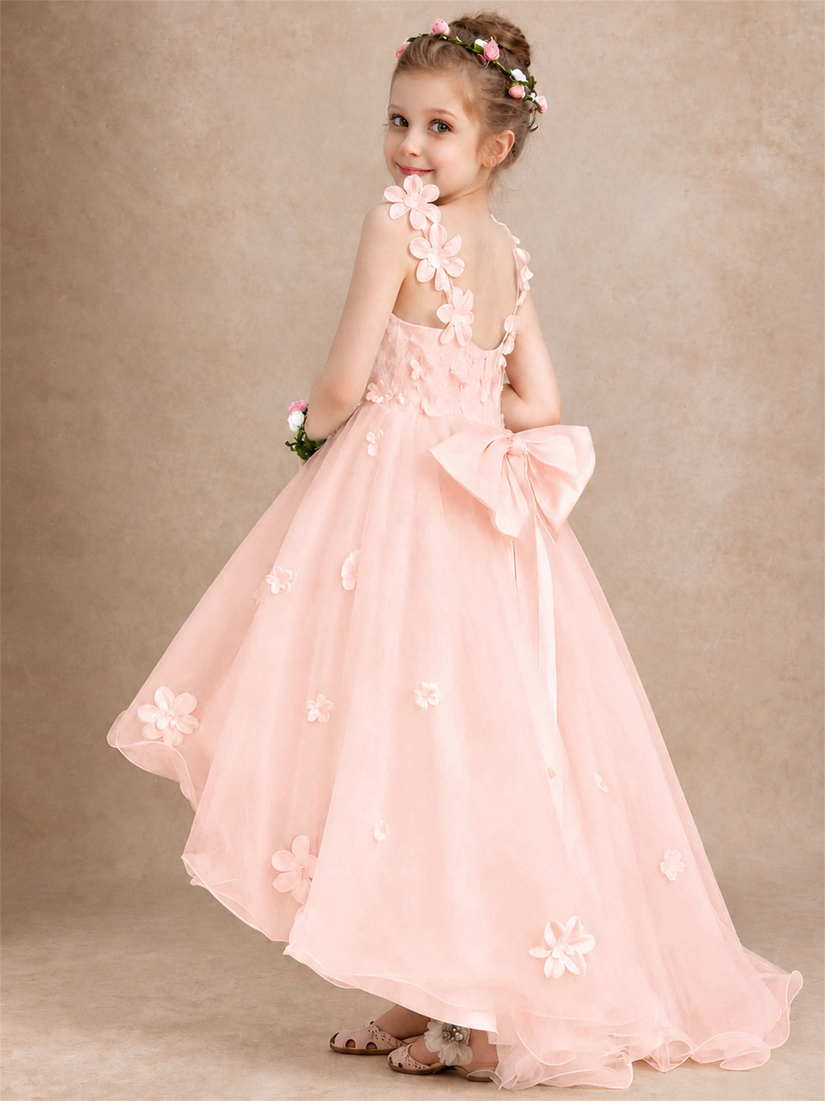 3D Floral Tulle Flower Girl Dress V-Neck Spaghetti Strap High Low Kids for Wedding First Communion
