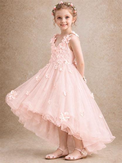 3D Floral Tulle Flower Girl Dress V-Neck Spaghetti Strap High Low Kids for Wedding First Communion