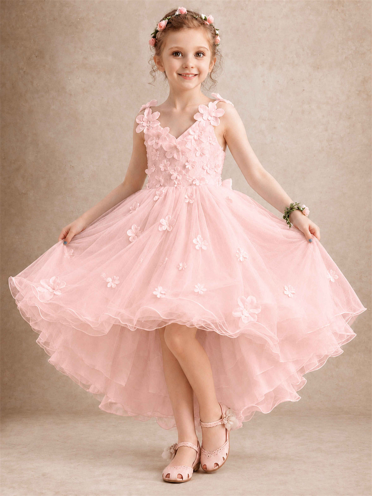 3D Floral Tulle Flower Girl Dress V-Neck Spaghetti Strap High Low Kids for Wedding First Communion