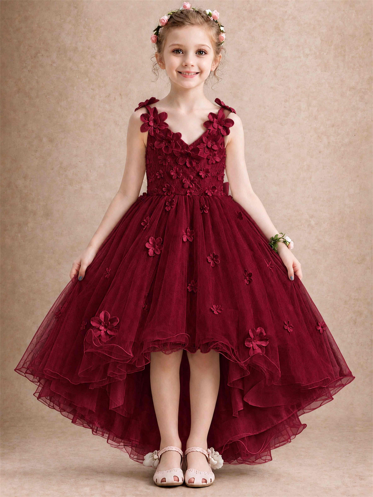 3D Floral Tulle Flower Girl Dress V-Neck Spaghetti Strap High Low Kids for Wedding First Communion