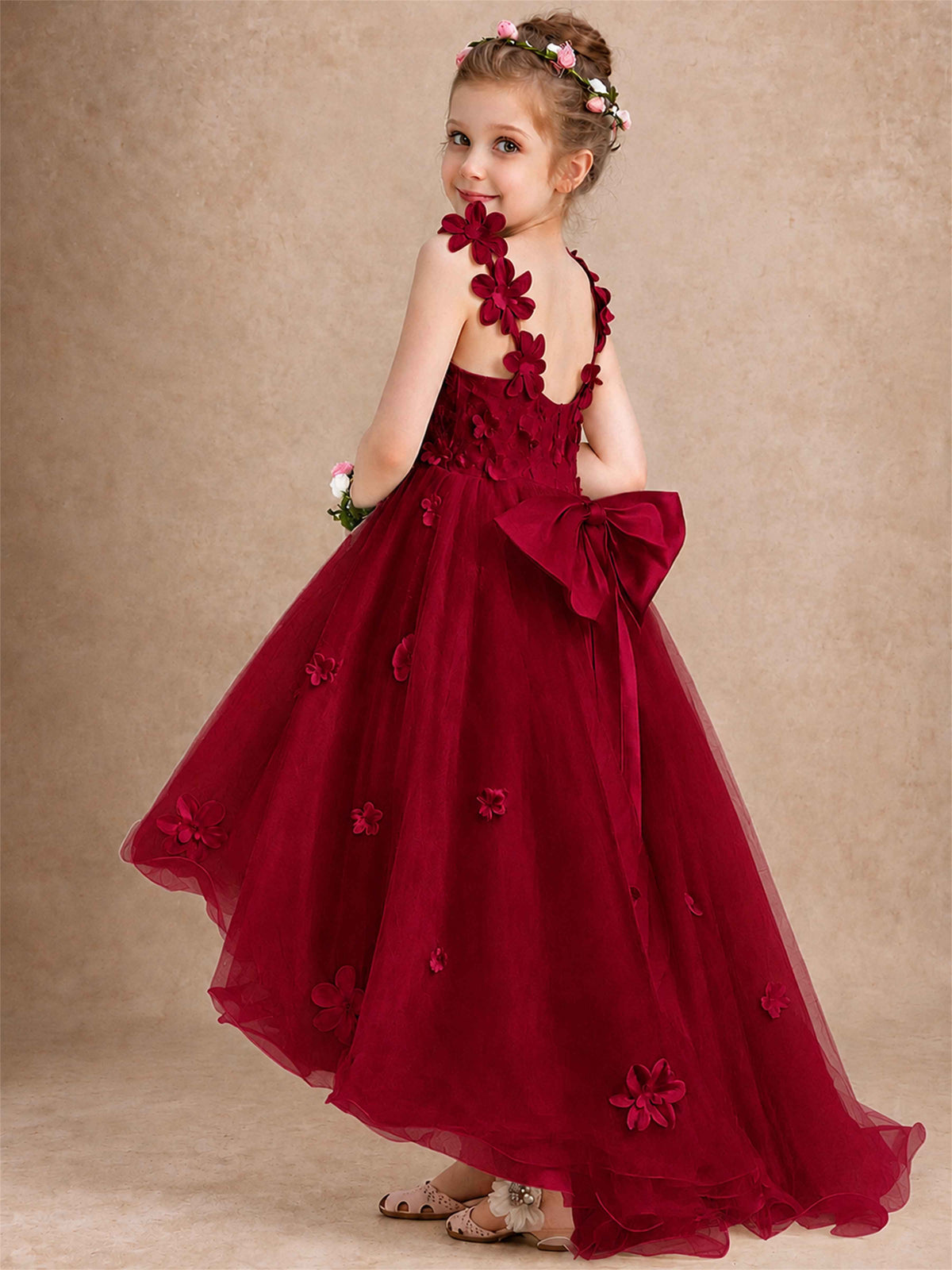 3D Floral Tulle Flower Girl Dress V-Neck Spaghetti Strap High Low Kids for Wedding First Communion