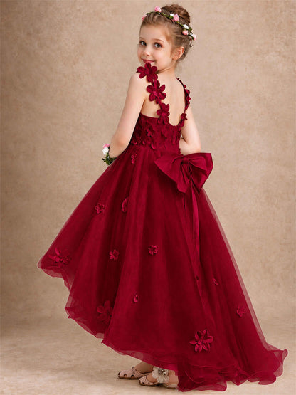 3D Floral Tulle Flower Girl Dress V-Neck Spaghetti Strap High Low Kids for Wedding First Communion