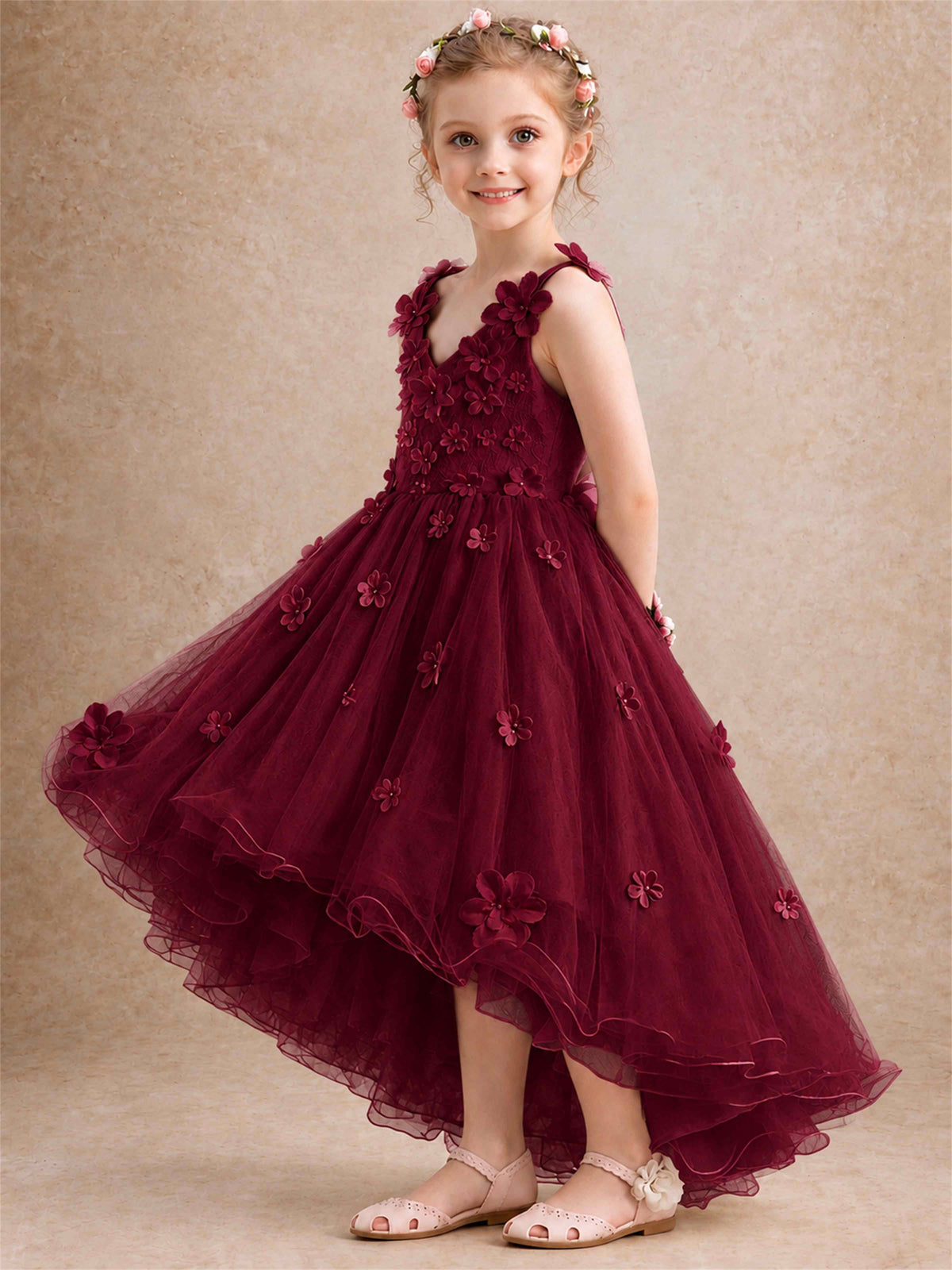 3D Floral Tulle Flower Girl Dress V-Neck Spaghetti Strap High Low Kids for Wedding First Communion
