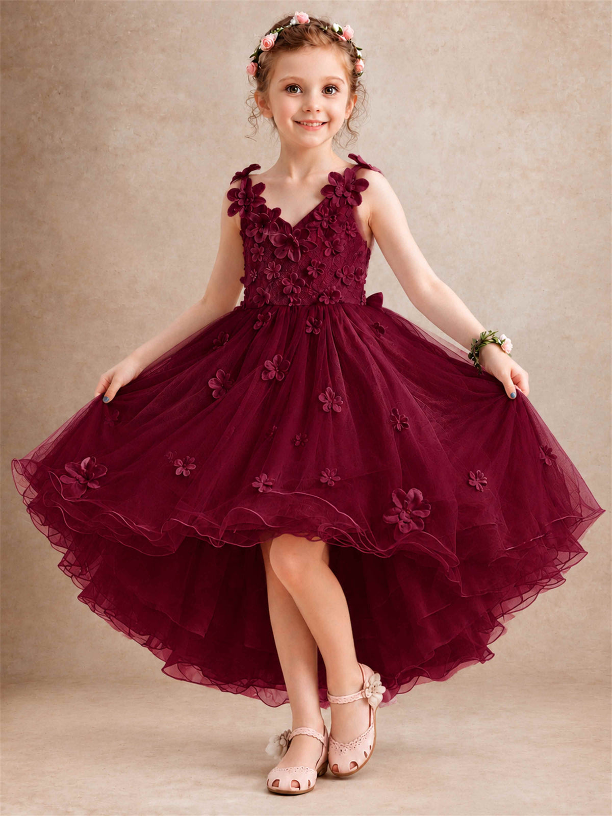 3D Floral Tulle Flower Girl Dress V-Neck Spaghetti Strap High Low Kids for Wedding First Communion