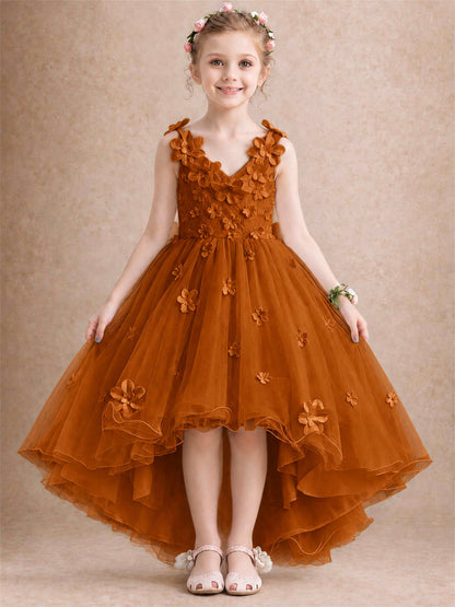 3D Floral Tulle Flower Girl Dress V-Neck Spaghetti Strap High Low Kids for Wedding First Communion