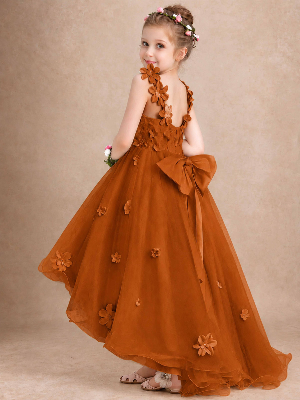 3D Floral Tulle Flower Girl Dress V-Neck Spaghetti Strap High Low Kids for Wedding First Communion