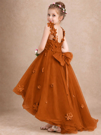 3D Floral Tulle Flower Girl Dress V-Neck Spaghetti Strap High Low Kids for Wedding First Communion