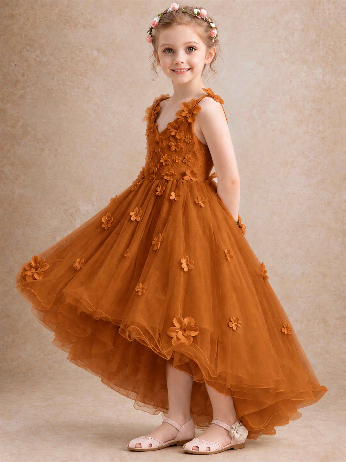 3D Floral Tulle Flower Girl Dress V-Neck Spaghetti Strap High Low Kids for Wedding First Communion
