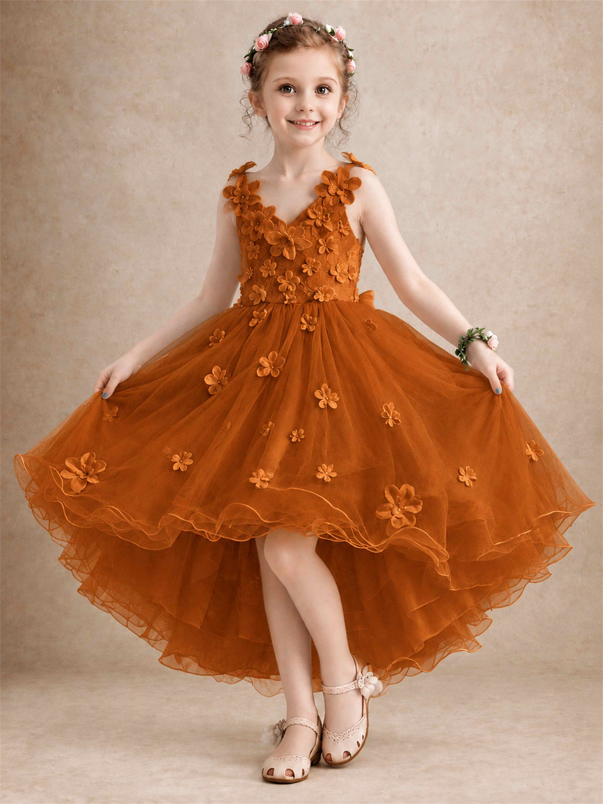3D Floral Tulle Flower Girl Dress V-Neck Spaghetti Strap High Low Kids for Wedding First Communion