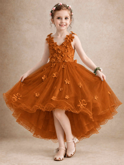 3D Floral Tulle Flower Girl Dress V-Neck Spaghetti Strap High Low Kids for Wedding First Communion