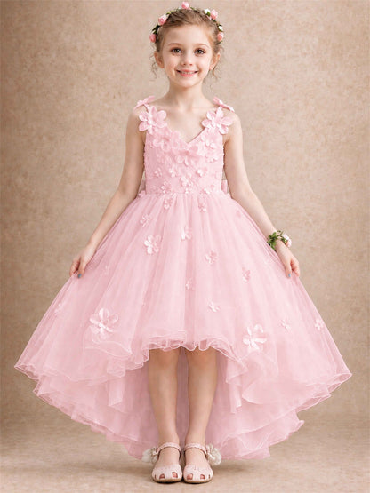3D Floral Tulle Flower Girl Dress V-Neck Spaghetti Strap High Low Kids for Wedding First Communion