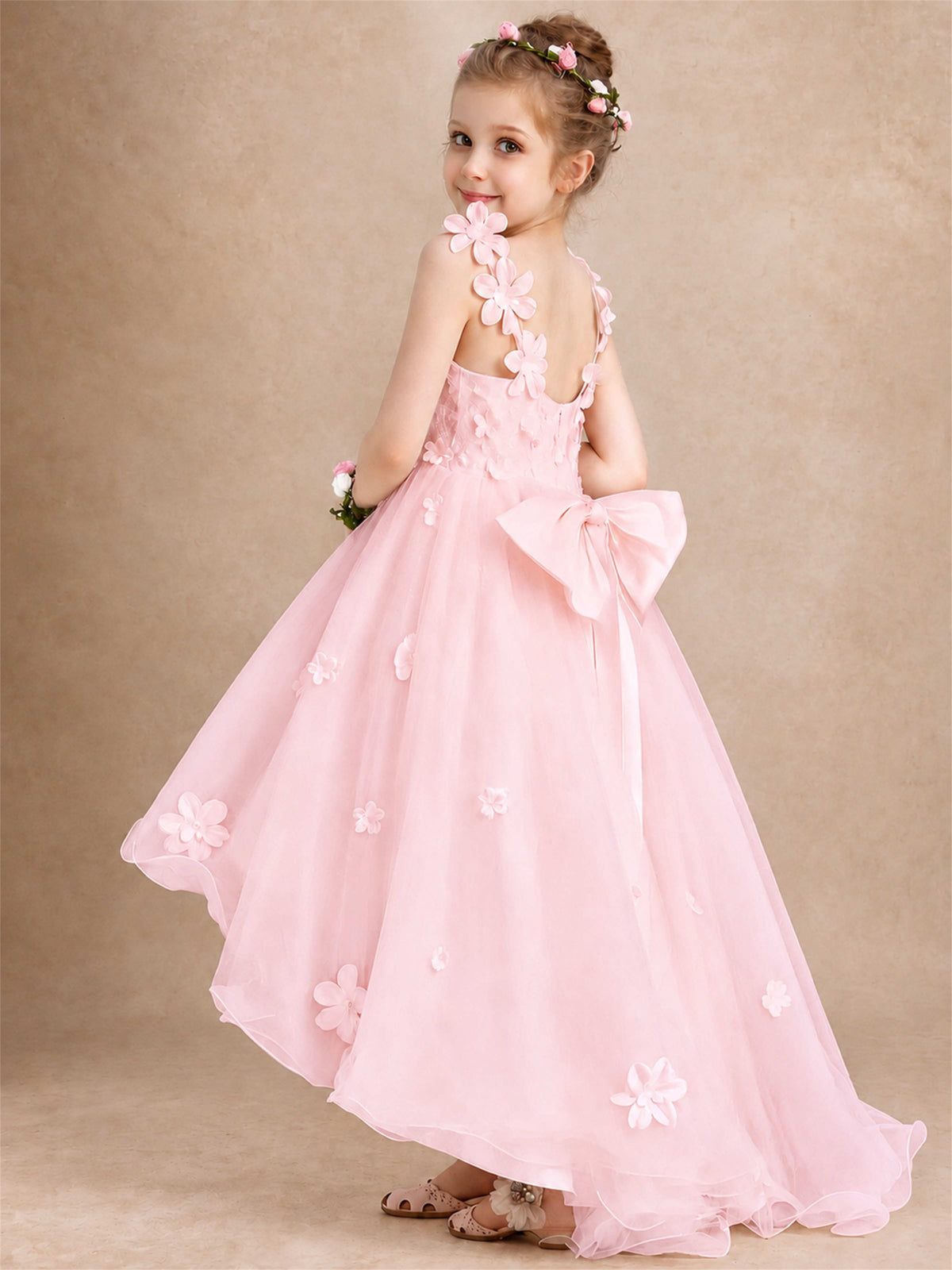 3D Floral Tulle Flower Girl Dress V-Neck Spaghetti Strap High Low Kids for Wedding First Communion
