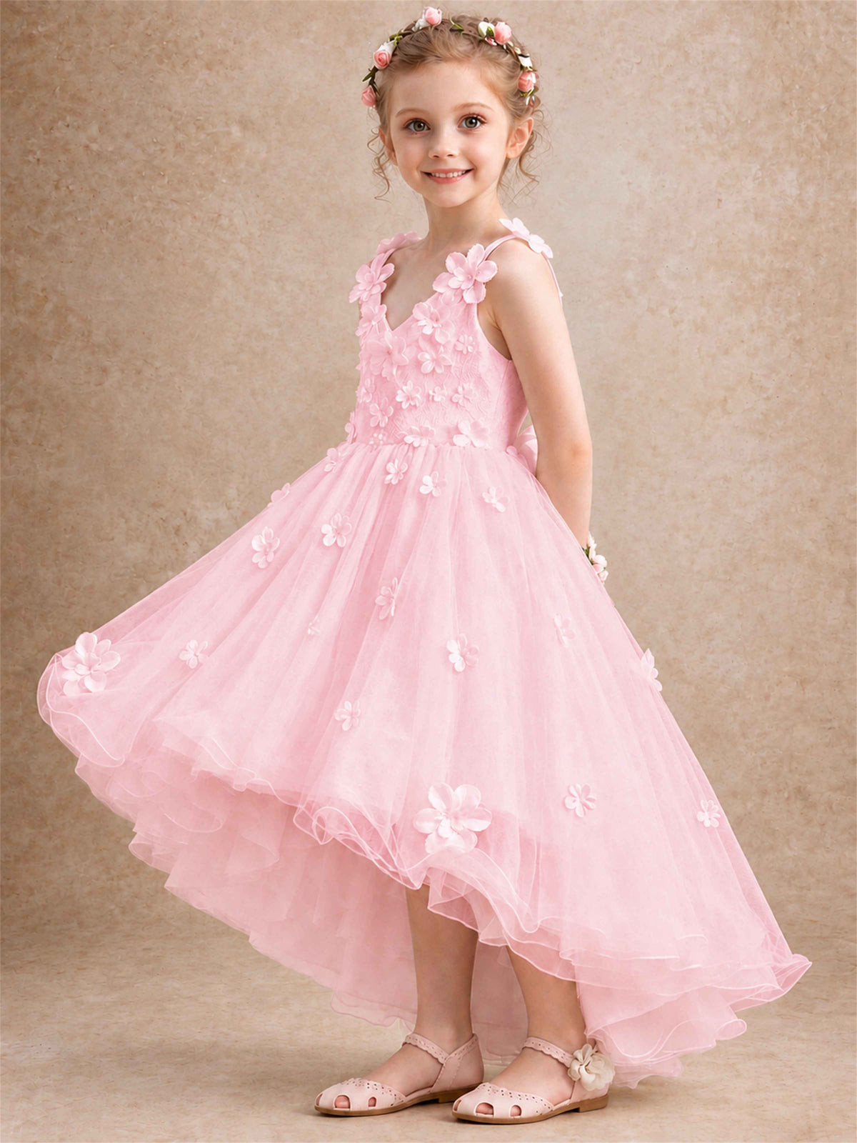 3D Floral Tulle Flower Girl Dress V-Neck Spaghetti Strap High Low Kids for Wedding First Communion