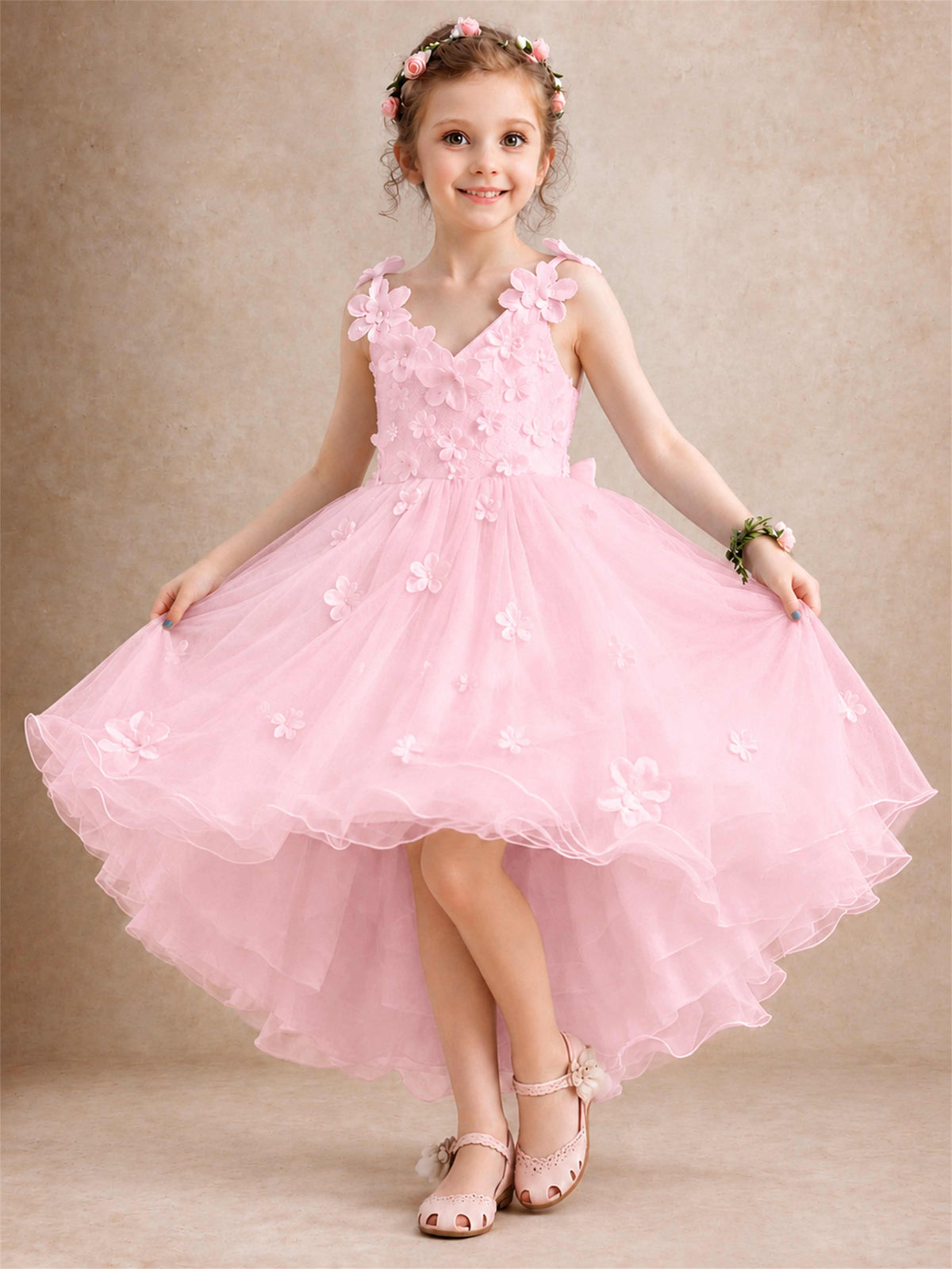 3D Floral Tulle Flower Girl Dress V-Neck Spaghetti Strap High Low Kids for Wedding First Communion