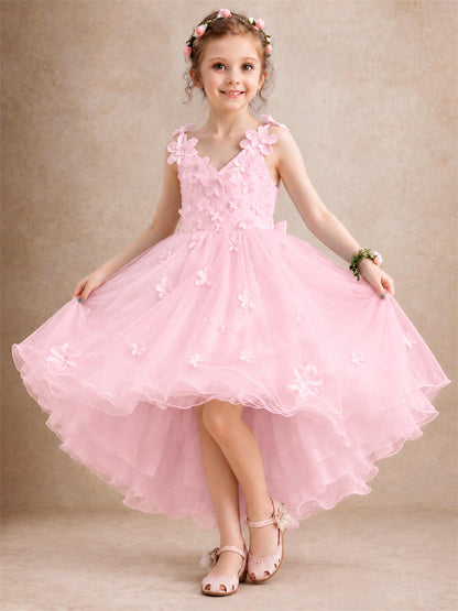 3D Floral Tulle Flower Girl Dress V-Neck Spaghetti Strap High Low Kids for Wedding First Communion