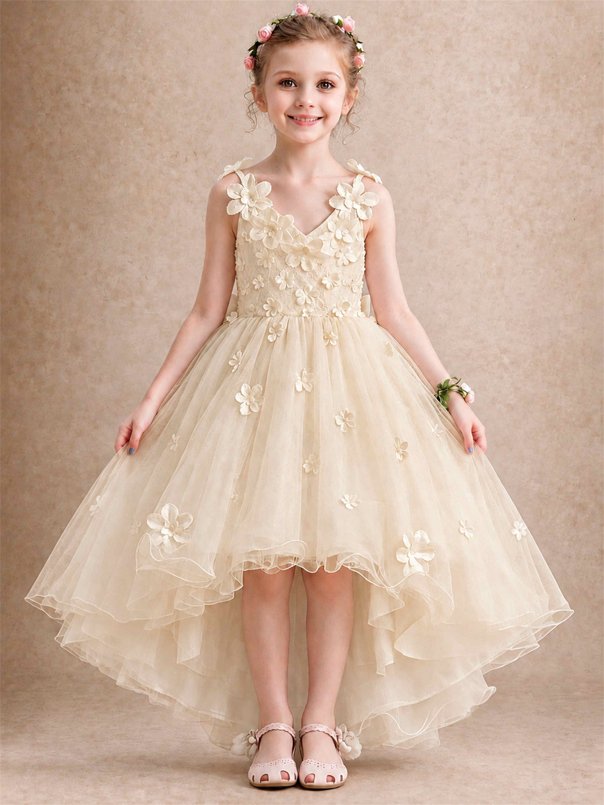 3D Floral Tulle Flower Girl Dress V-Neck Spaghetti Strap High Low Kids for Wedding First Communion