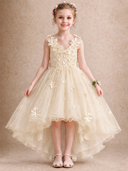 3D Floral Tulle Flower Girl Dress V-Neck Spaghetti Strap High Low Kids for Wedding First Communion