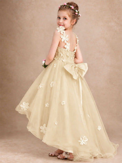 3D Floral Tulle Flower Girl Dress V-Neck Spaghetti Strap High Low Kids for Wedding First Communion