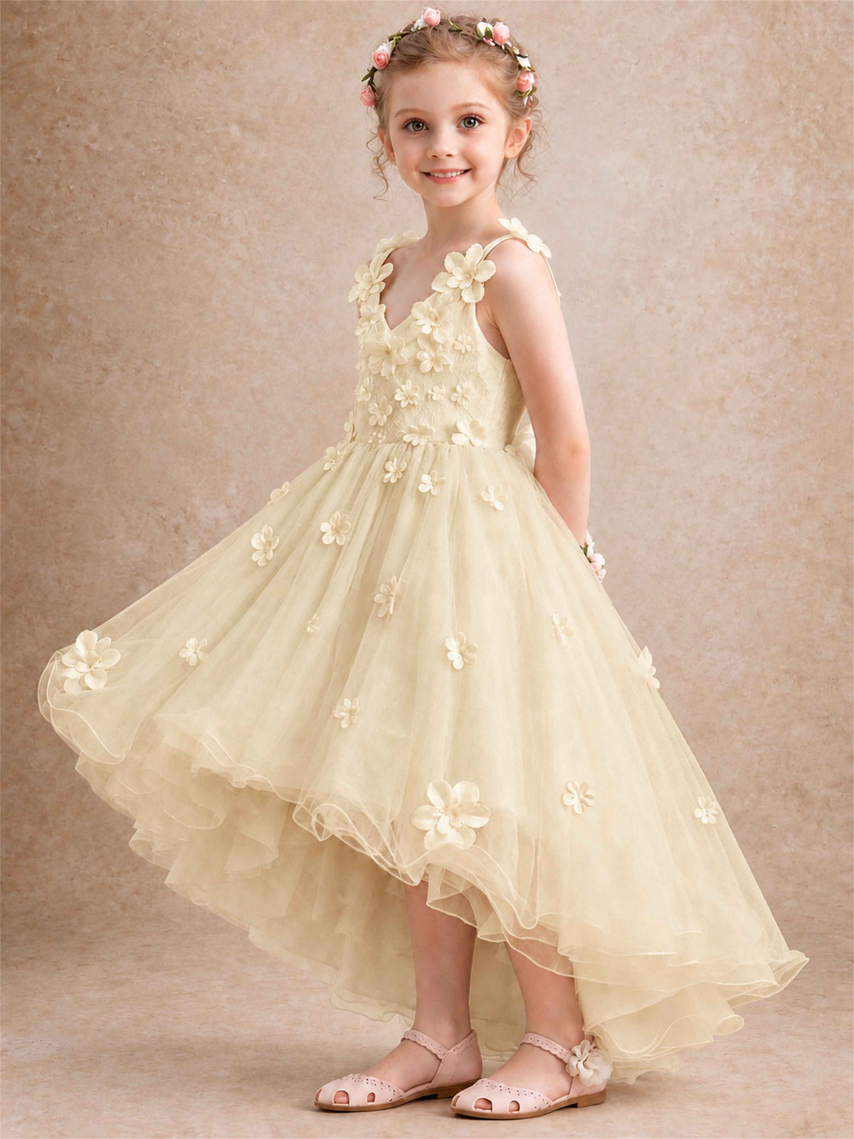 3D Floral Tulle Flower Girl Dress V-Neck Spaghetti Strap High Low Kids for Wedding First Communion