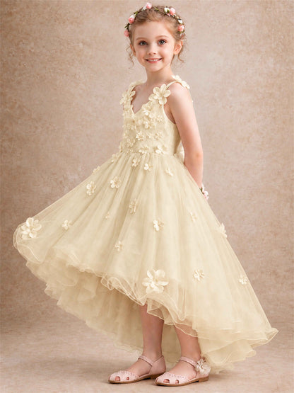 3D Floral Tulle Flower Girl Dress V-Neck Spaghetti Strap High Low Kids for Wedding First Communion