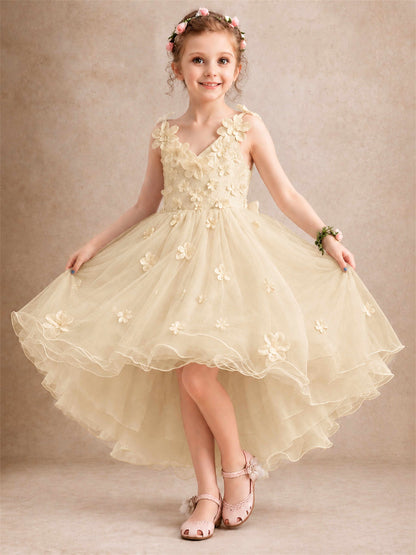 3D Floral Tulle Flower Girl Dress V-Neck Spaghetti Strap High Low Kids for Wedding First Communion
