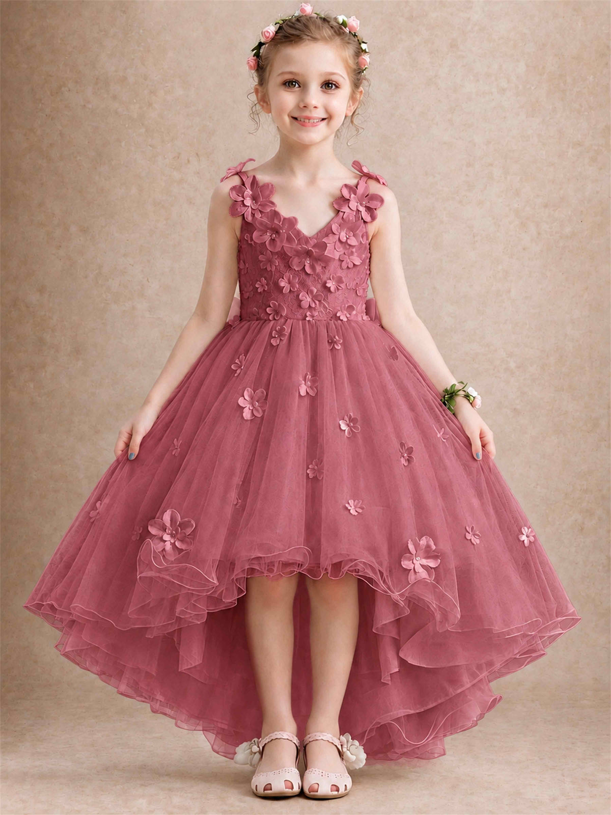 3D Floral Tulle Flower Girl Dress V-Neck Spaghetti Strap High Low Kids for Wedding First Communion