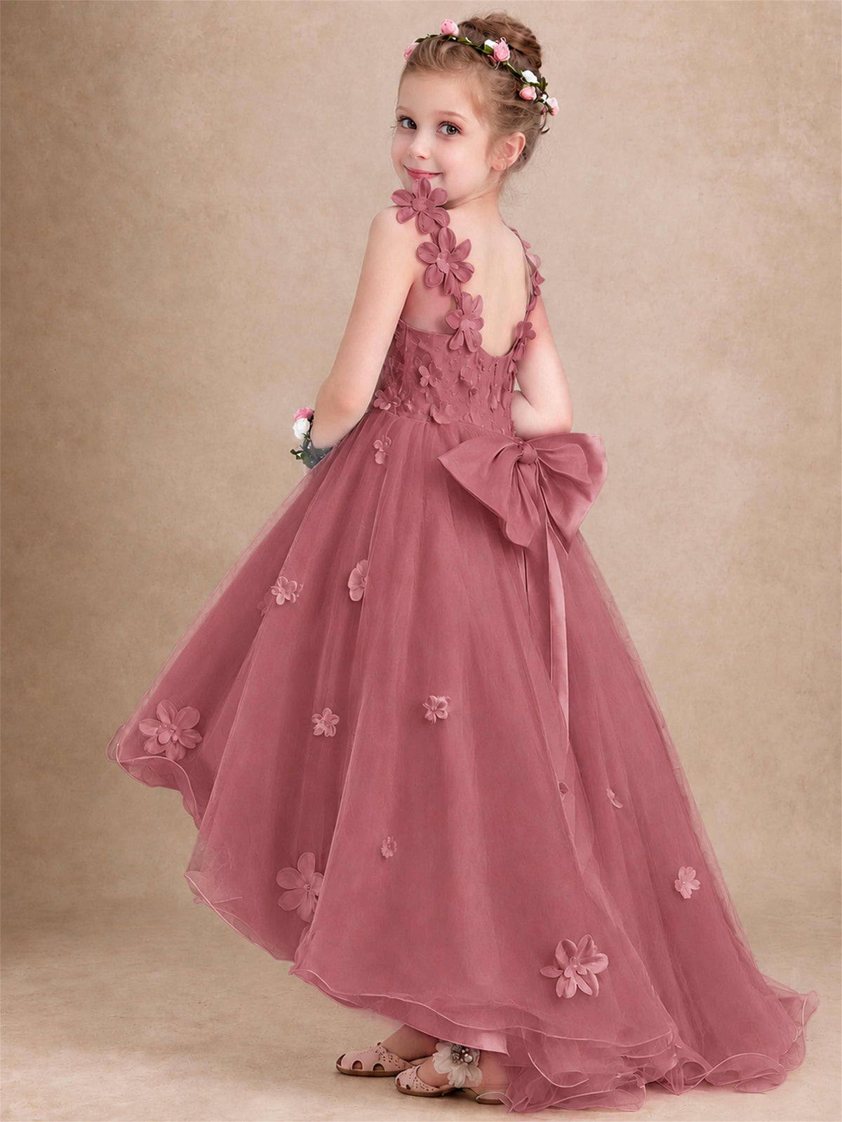 3D Floral Tulle Flower Girl Dress V-Neck Spaghetti Strap High Low Kids for Wedding First Communion