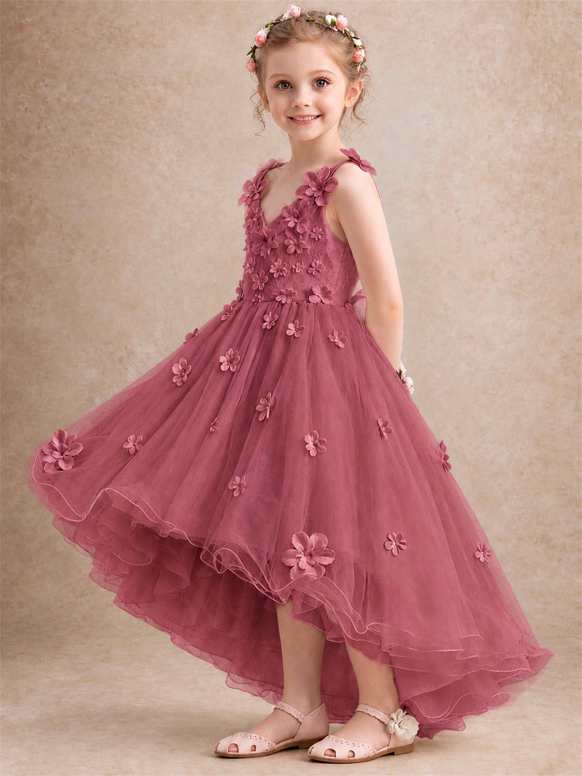3D Floral Tulle Flower Girl Dress V-Neck Spaghetti Strap High Low Kids for Wedding First Communion