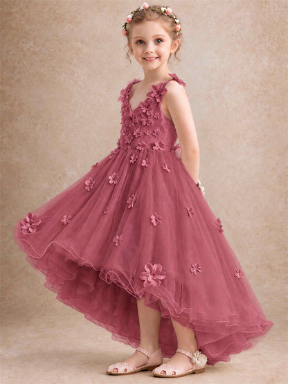 3D Floral Tulle Flower Girl Dress V-Neck Spaghetti Strap High Low Kids for Wedding First Communion