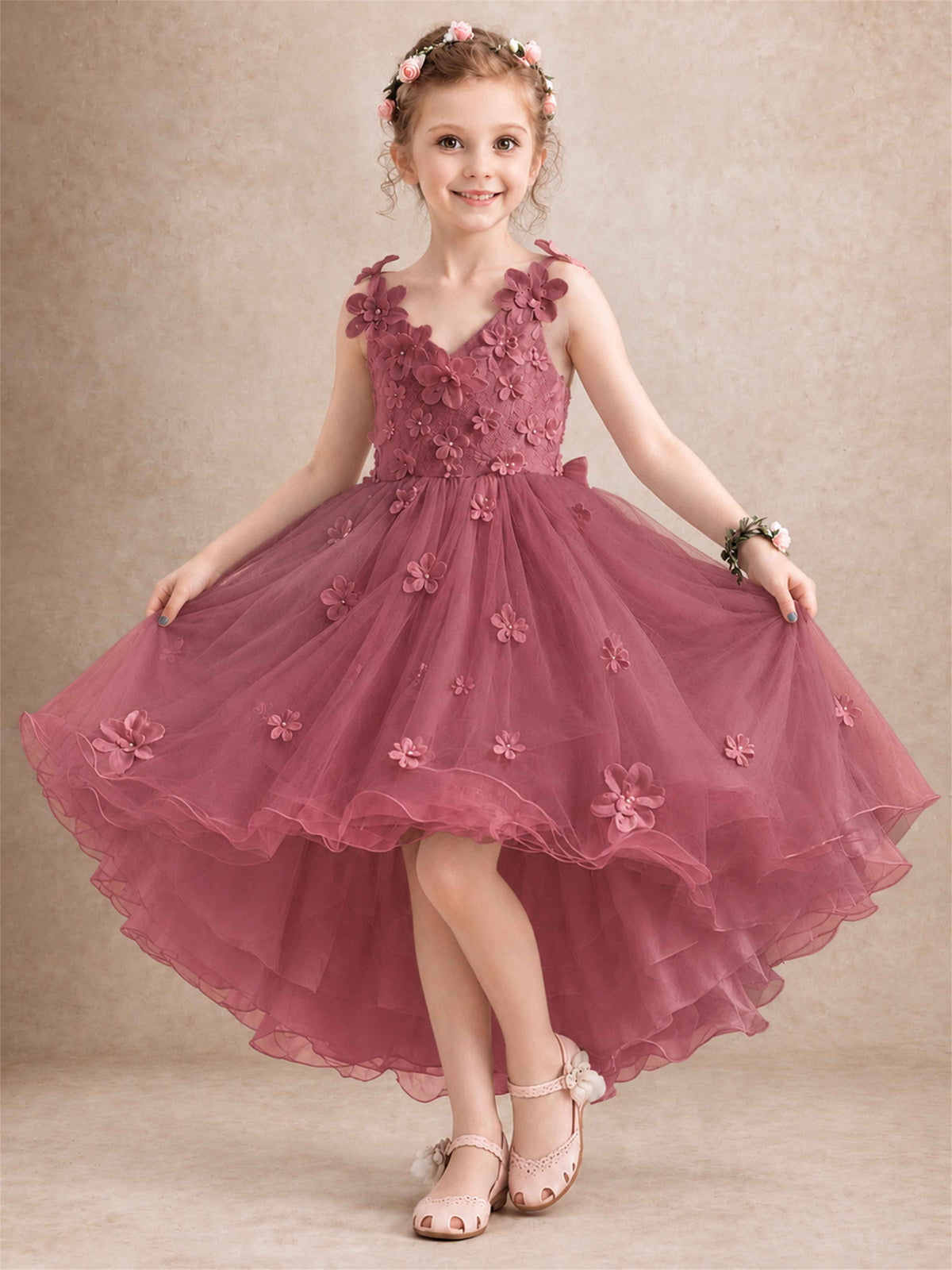 3D Floral Tulle Flower Girl Dress V-Neck Spaghetti Strap High Low Kids for Wedding First Communion
