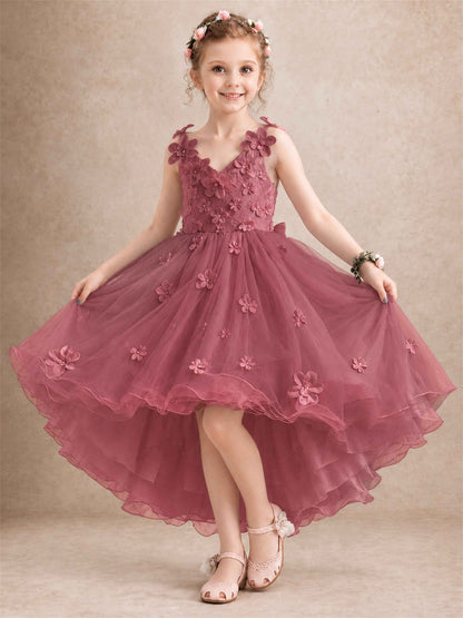 3D Floral Tulle Flower Girl Dress V-Neck Spaghetti Strap High Low Kids for Wedding First Communion