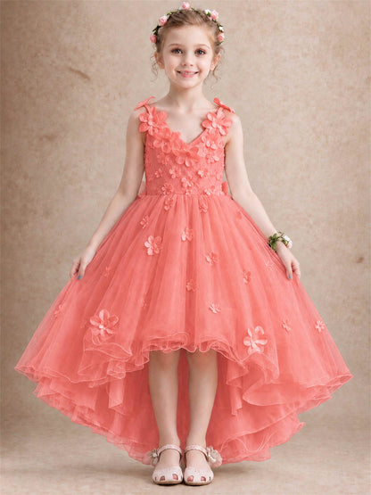 3D Floral Tulle Flower Girl Dress V-Neck Spaghetti Strap High Low Kids for Wedding First Communion