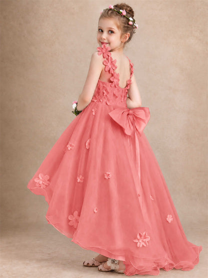 3D Floral Tulle Flower Girl Dress V-Neck Spaghetti Strap High Low Kids for Wedding First Communion