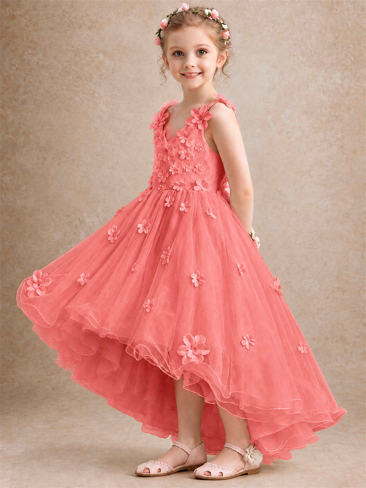 3D Floral Tulle Flower Girl Dress V-Neck Spaghetti Strap High Low Kids for Wedding First Communion