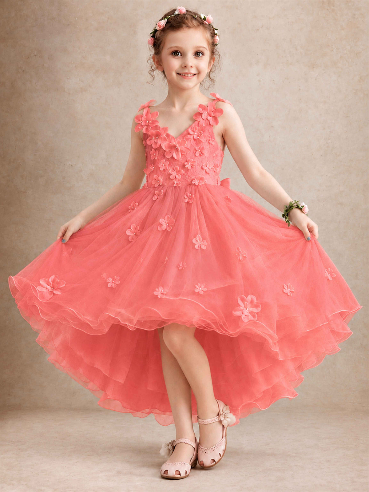 3D Floral Tulle Flower Girl Dress V-Neck Spaghetti Strap High Low Kids for Wedding First Communion