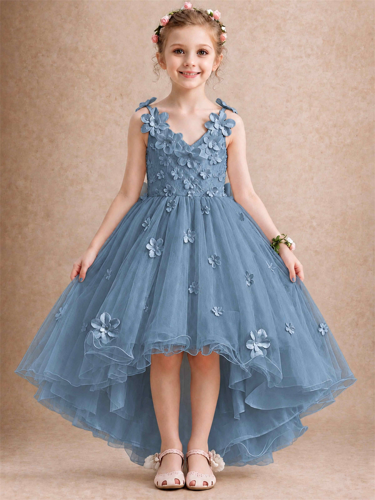 3D Floral Tulle Flower Girl Dress V-Neck Spaghetti Strap High Low Kids for Wedding First Communion