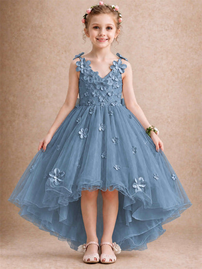 3D Floral Tulle Flower Girl Dress V-Neck Spaghetti Strap High Low Kids for Wedding First Communion