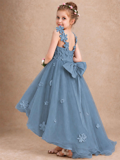 3D Floral Tulle Flower Girl Dress V-Neck Spaghetti Strap High Low Kids for Wedding First Communion
