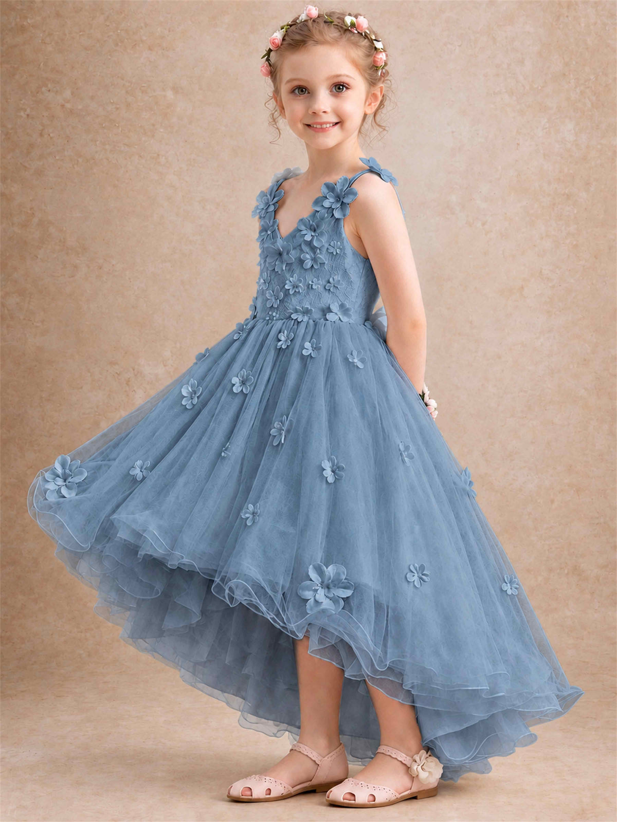 3D Floral Tulle Flower Girl Dress V-Neck Spaghetti Strap High Low Kids for Wedding First Communion