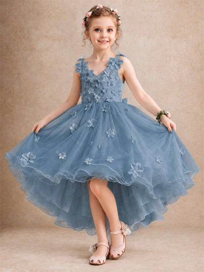3D Floral Tulle Flower Girl Dress V-Neck Spaghetti Strap High Low Kids for Wedding First Communion