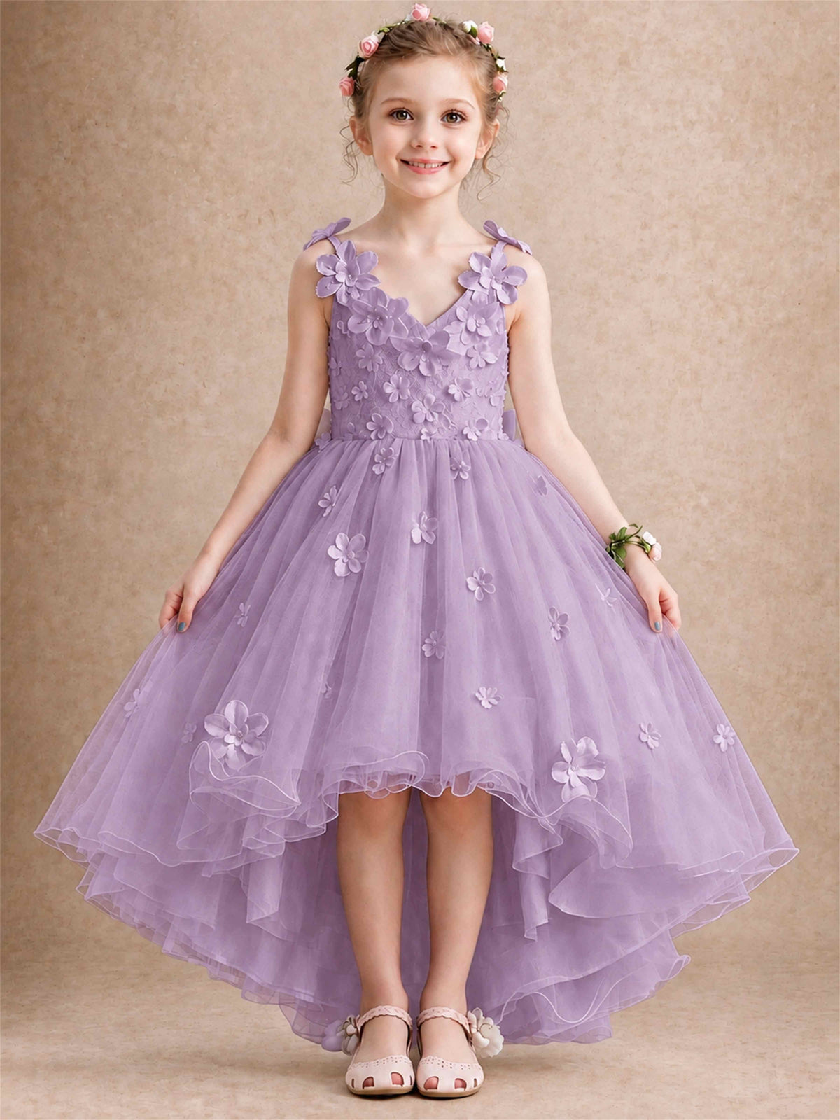 3D Floral Tulle Flower Girl Dress V-Neck Spaghetti Strap High Low Kids for Wedding First Communion