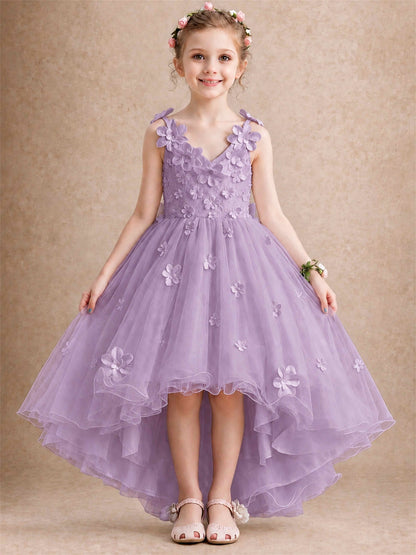 3D Floral Tulle Flower Girl Dress V-Neck Spaghetti Strap High Low Kids for Wedding First Communion
