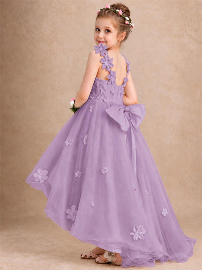 3D Floral Tulle Flower Girl Dress V-Neck Spaghetti Strap High Low Kids for Wedding First Communion