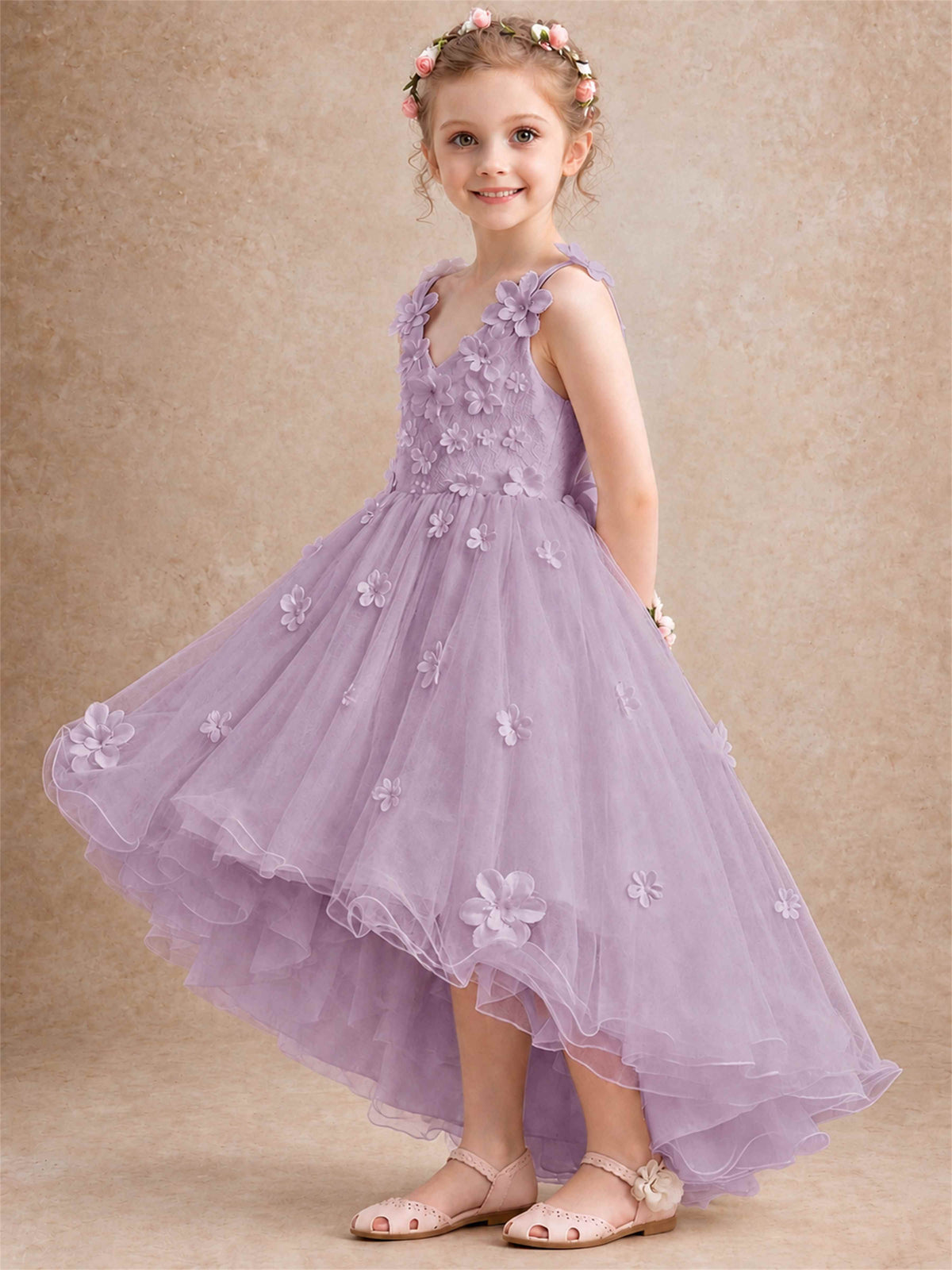 3D Floral Tulle Flower Girl Dress V-Neck Spaghetti Strap High Low Kids for Wedding First Communion