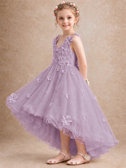 3D Floral Tulle Flower Girl Dress V-Neck Spaghetti Strap High Low Kids for Wedding First Communion