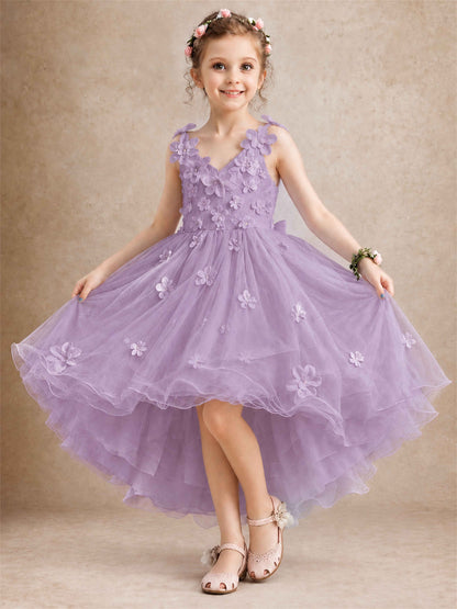 3D Floral Tulle Flower Girl Dress V-Neck Spaghetti Strap High Low Kids for Wedding First Communion