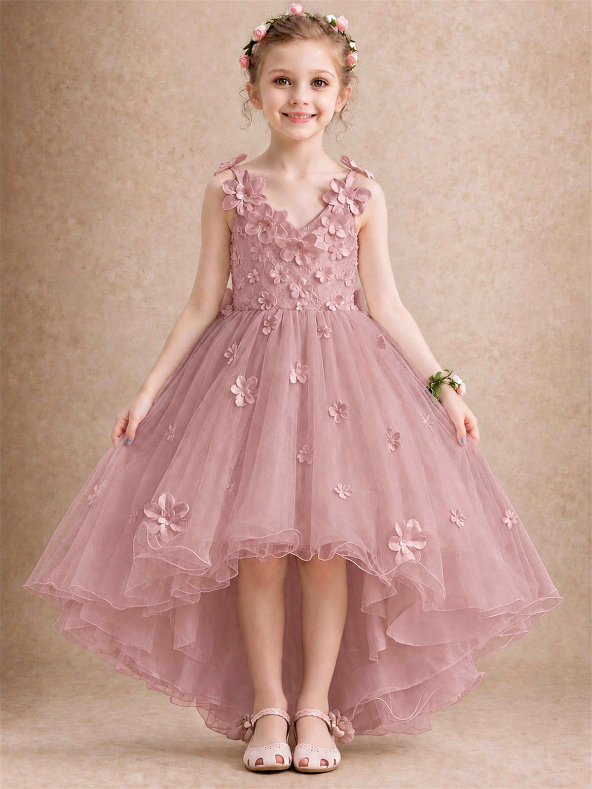 3D Floral Tulle Flower Girl Dress V-Neck Spaghetti Strap High Low Kids for Wedding First Communion