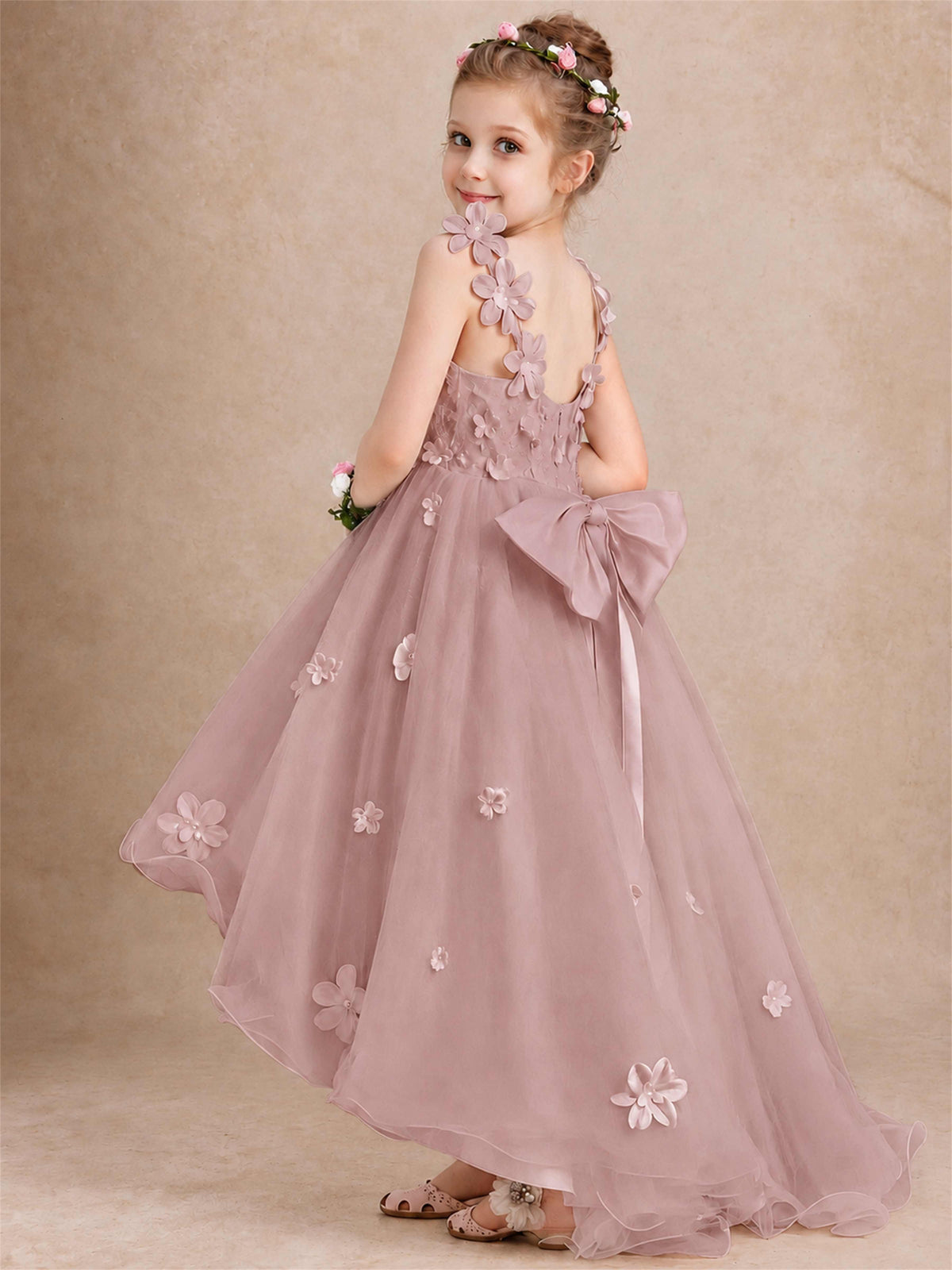 3D Floral Tulle Flower Girl Dress V-Neck Spaghetti Strap High Low Kids for Wedding First Communion