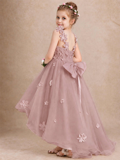 3D Floral Tulle Flower Girl Dress V-Neck Spaghetti Strap High Low Kids for Wedding First Communion