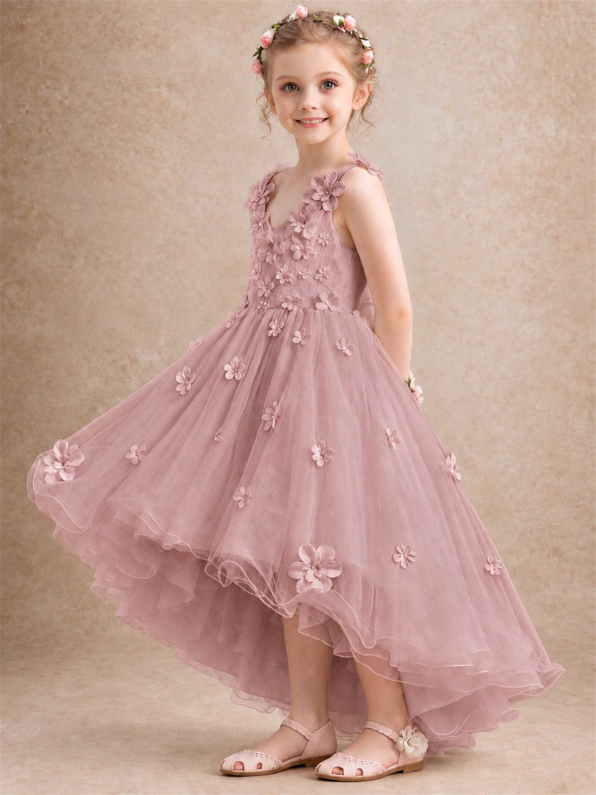 3D Floral Tulle Flower Girl Dress V-Neck Spaghetti Strap High Low Kids for Wedding First Communion